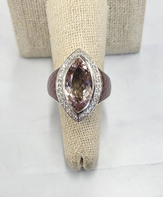 18K White Gold Marquise Morganite, Lavender Enamel and Diamond Ring