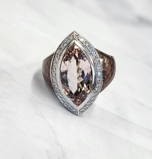 18K White Gold Marquise Morganite, Lavender Enamel and Diamond Ring