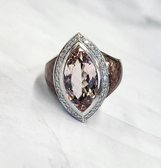 18K White Gold Marquise Morganite, Lavender Enamel and Diamond Ring