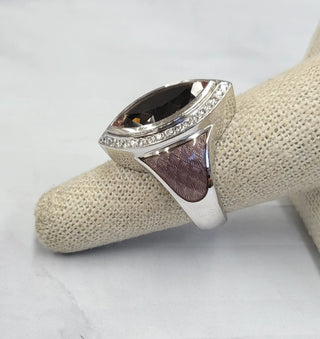 18K White Gold Marquise Morganite, Lavender Enamel and Diamond Ring