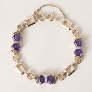 Vintage 14K Tri Gold Amethyst and Diamond Retro Bracelet