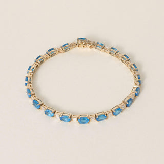 Estate 14K Yellow Gold Blue Topaz and Diamond Tennis Bracelet