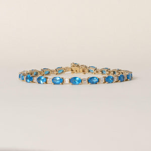 Estate 14K Yellow Gold Blue Topaz and Diamond Tennis Bracelet