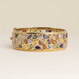 Estate Vintage 1990s Italian 14K Gold 77 Carats Multi Color Gem and CZ Bangle