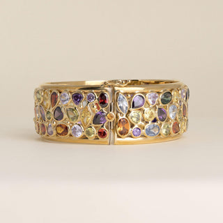 Estate Vintage 1990s Italian 14K Gold 77 Carats Multi Color Gem and CZ Bangle