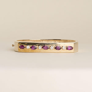 Vintage 1970s 14K Gold 2 CT Rhodolite Garnet Marquise & Diamond Geometric Bangle