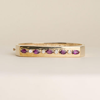 Vintage 1970s 14K Gold 2 CT Rhodolite Garnet Marquise & Diamond Geometric Bangle
