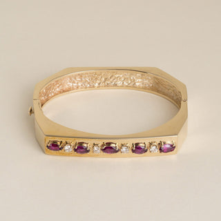 Vintage 1970s 14K Gold 2 CT Rhodolite Garnet Marquise & Diamond Geometric Bangle