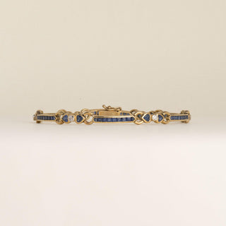Vintage 18K Gold Blue Sapphire Heart Shape and Diamond Station Bracelet