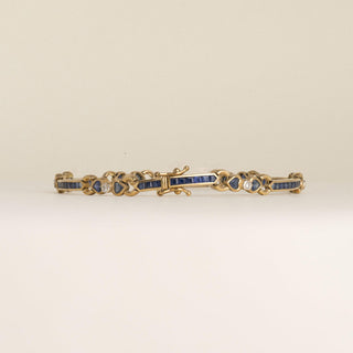 Vintage 18K Gold Blue Sapphire Heart Shape and Diamond Station Bracelet