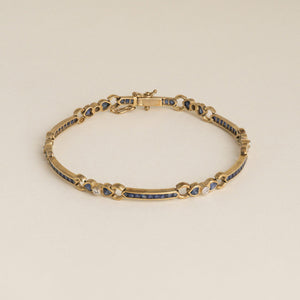 Vintage 18K Gold Blue Sapphire Heart Shape and Diamond Station Bracelet