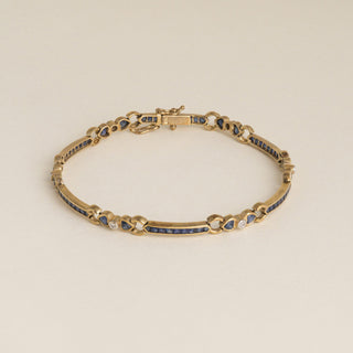 Vintage 18K Gold Blue Sapphire Heart Shape and Diamond Station Bracelet