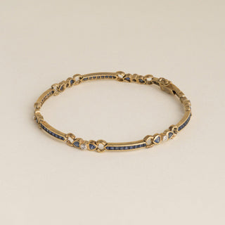 Vintage 18K Gold Blue Sapphire Heart Shape and Diamond Station Bracelet