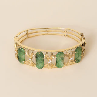 Vintage 1950s 18K Gold Carved Jade and 0.40 Carat Diamond Floral Bangle Bracelet