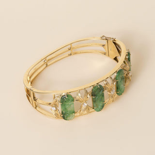 Vintage 1950s 18K Gold Carved Jade and 0.40 Carat Diamond Floral Bangle Bracelet