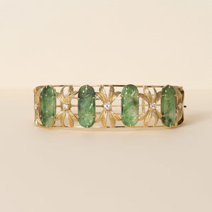 Vintage 1950s 18K Gold Carved Jade and 0.40 Carat Diamond Floral Bangle Bracelet