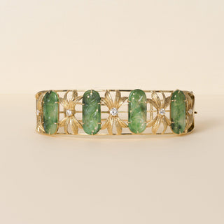 Vintage 1950s 18K Gold Carved Jade and 0.40 Carat Diamond Floral Bangle Bracelet