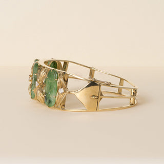 Vintage 1950s 18K Gold Carved Jade and 0.40 Carat Diamond Floral Bangle Bracelet