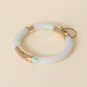 Vintage 11K Yellow Gold Carved Jade Hinged Bangle Bracelet