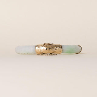 Vintage 11K Yellow Gold Carved Jade Hinged Bangle Bracelet