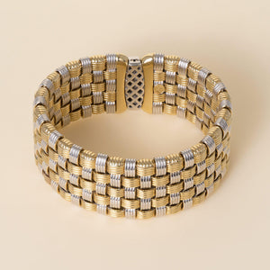Estate Italian 18K Two Tone Gold Basketweave Wide Diamond Clasp Wide Bracelet