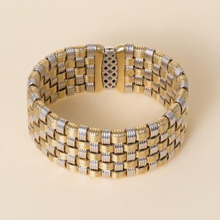 Estate Italian 18K Two Tone Gold Basketweave Wide Diamond Clasp Wide Bracelet