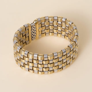 Estate Italian 18K Two Tone Gold Basketweave Wide Diamond Clasp Wide Bracelet