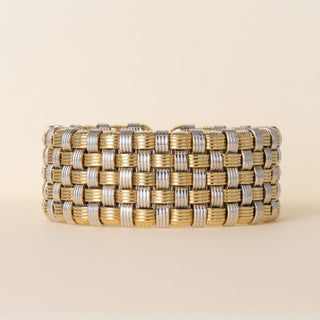 Estate Italian 18K Two Tone Gold Basketweave Wide Diamond Clasp Wide Bracelet