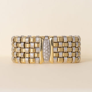 Estate Italian 18K Two Tone Gold Basketweave Wide Diamond Clasp Wide Bracelet