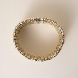 Estate Italian 18K Two Tone Gold Basketweave Wide Diamond Clasp Wide Bracelet