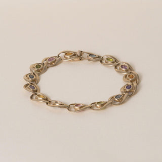 Vintage 1960s 14K Gold 4 Carats Multi Color Gemstone Chain Link Bracelet