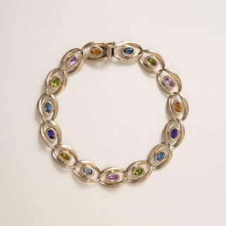 Vintage 1960s 14K Gold 4 Carats Multi Color Gemstone Chain Link Bracelet