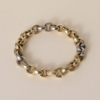 Estate Italian 15K Two Tone Gold 10.5mm Rolo Link Chain Bracelet