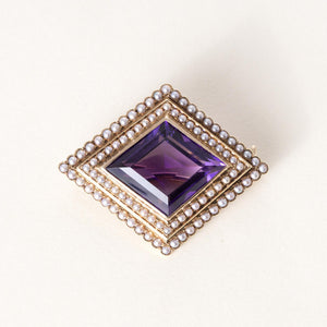Vintage 14K Gold Diamond Shape Amethyst and Seed Pearl Brooch
