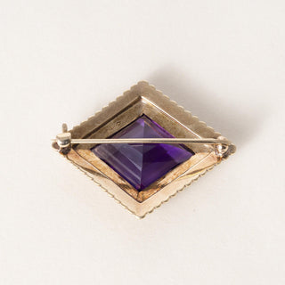 Vintage 14K Gold Diamond Shape Amethyst and Seed Pearl Brooch