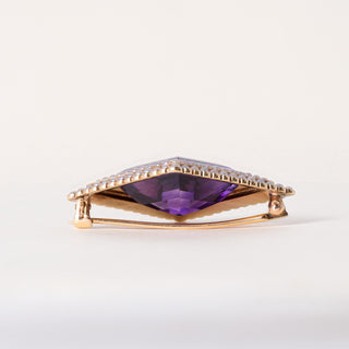 Vintage 14K Gold Diamond Shape Amethyst and Seed Pearl Brooch