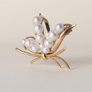 Vintage Mikimoto Akoya Pearl Lotus Floral Brooch 14K Gold