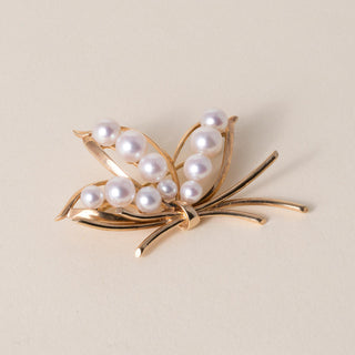 Vintage Mikimoto Akoya Pearl Lotus Floral Brooch 14K Gold