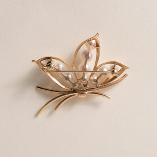 Vintage Mikimoto Akoya Pearl Lotus Floral Brooch 14K Gold