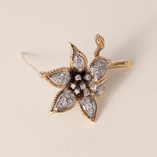 Vintage 14K Gold Diamond Floral Brooch Two Tone