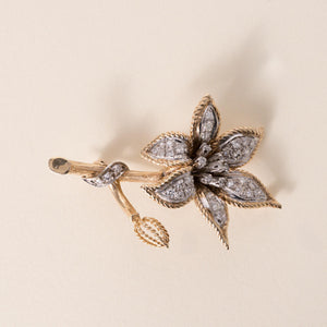 Vintage 14K Gold Diamond Floral Brooch Two Tone