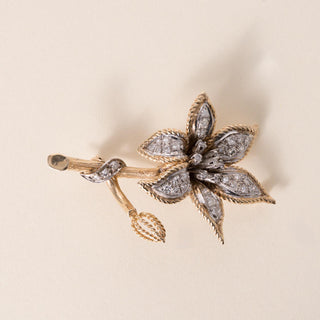 Vintage 14K Gold Diamond Floral Brooch Two Tone