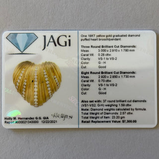 Vintage 1970s 18K Gold Puffed Heart 2.57 Carat Diamond Brooch Pendant