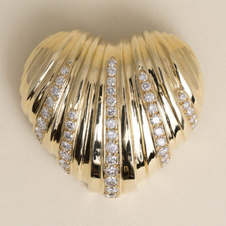 Vintage 1970s 18K Gold Puffed Heart 2.57 Carat Diamond Brooch Pendant