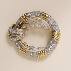 Vintage 16K Gold 5 Carats Marquise and Round Cut Diamond Wreath and Leaf Brooch