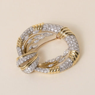 Vintage 16K Gold 5 Carats Marquise and Round Cut Diamond Wreath and Leaf Brooch