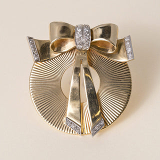 Vintage Retro 13K Gold Fluted Disc 0.50 Carats Diamond Sculptural Brooch