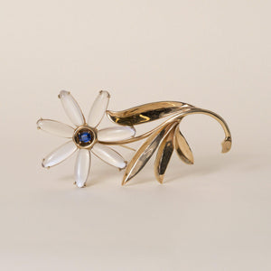 Vintage 14k Gold 25 Carats Moonstone Cabochon and Sapphire Floral Brooch