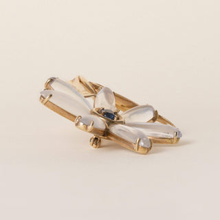 Vintage 14k Gold 25 Carats Moonstone Cabochon and Sapphire Floral Brooch