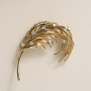 Vintage Pierre Cardin 16K Yellow Gold Diamond Feather Brooch